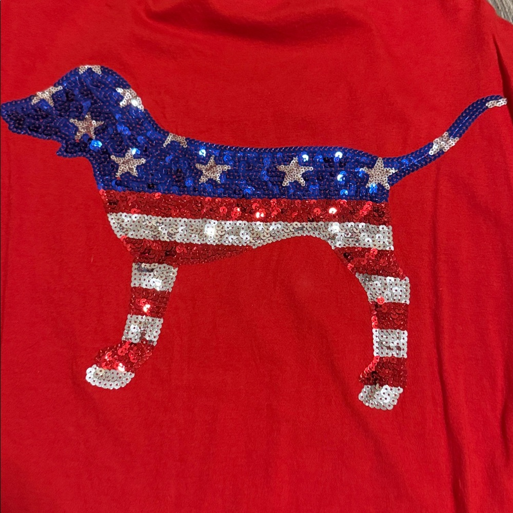 PINK Victoria's Secret Red Short-Sleeve Tee with Patriotic Dog Patch